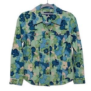 PENDLETON COTTON BUTTON JACKET GREEN FLORAL TIGHT WEAVE WOMENS PETITE‎ SMALL